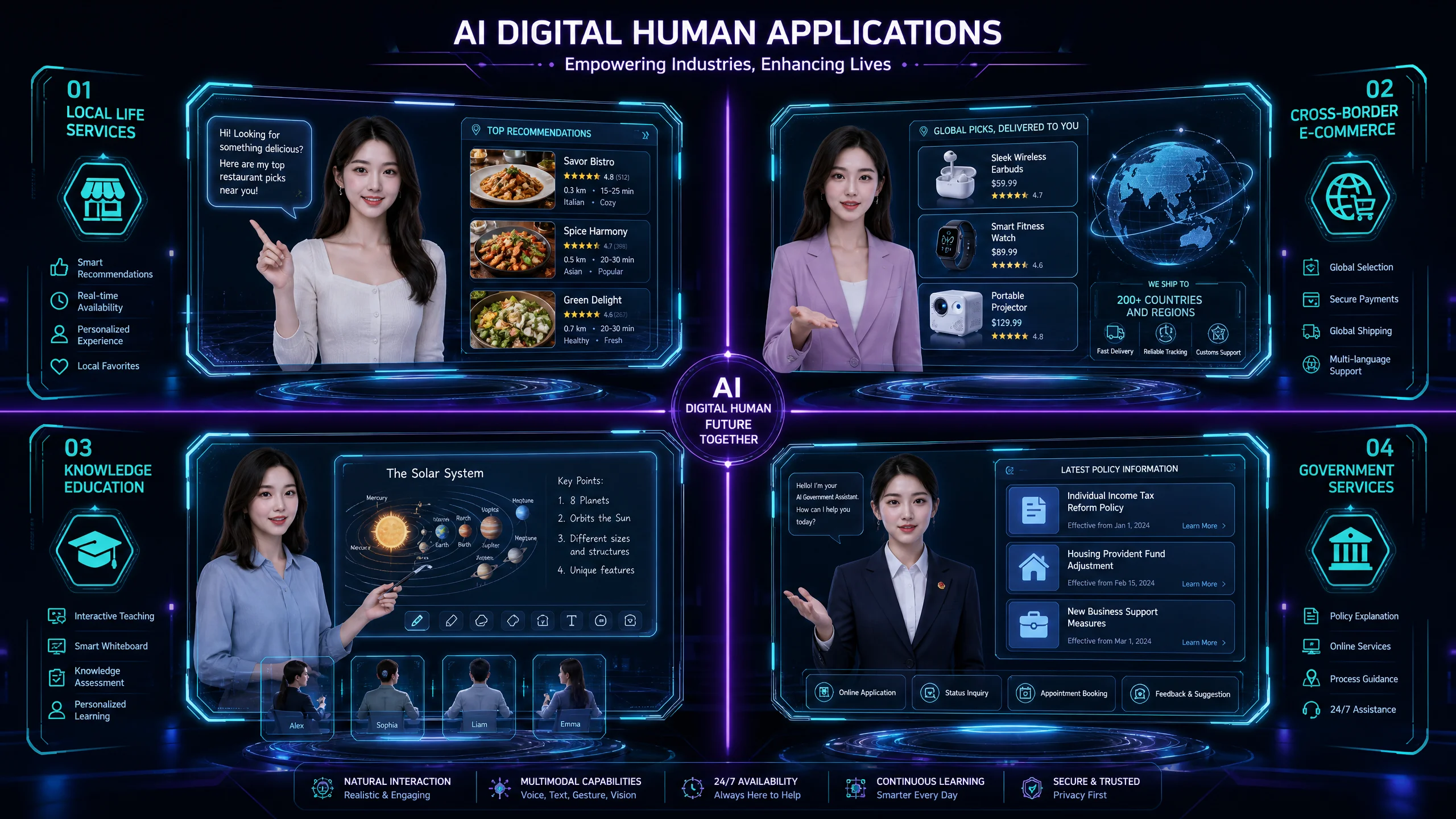 AI数字人在本地生活跨境电商﻿知识教‍育政务服务四大行业的应用展示
